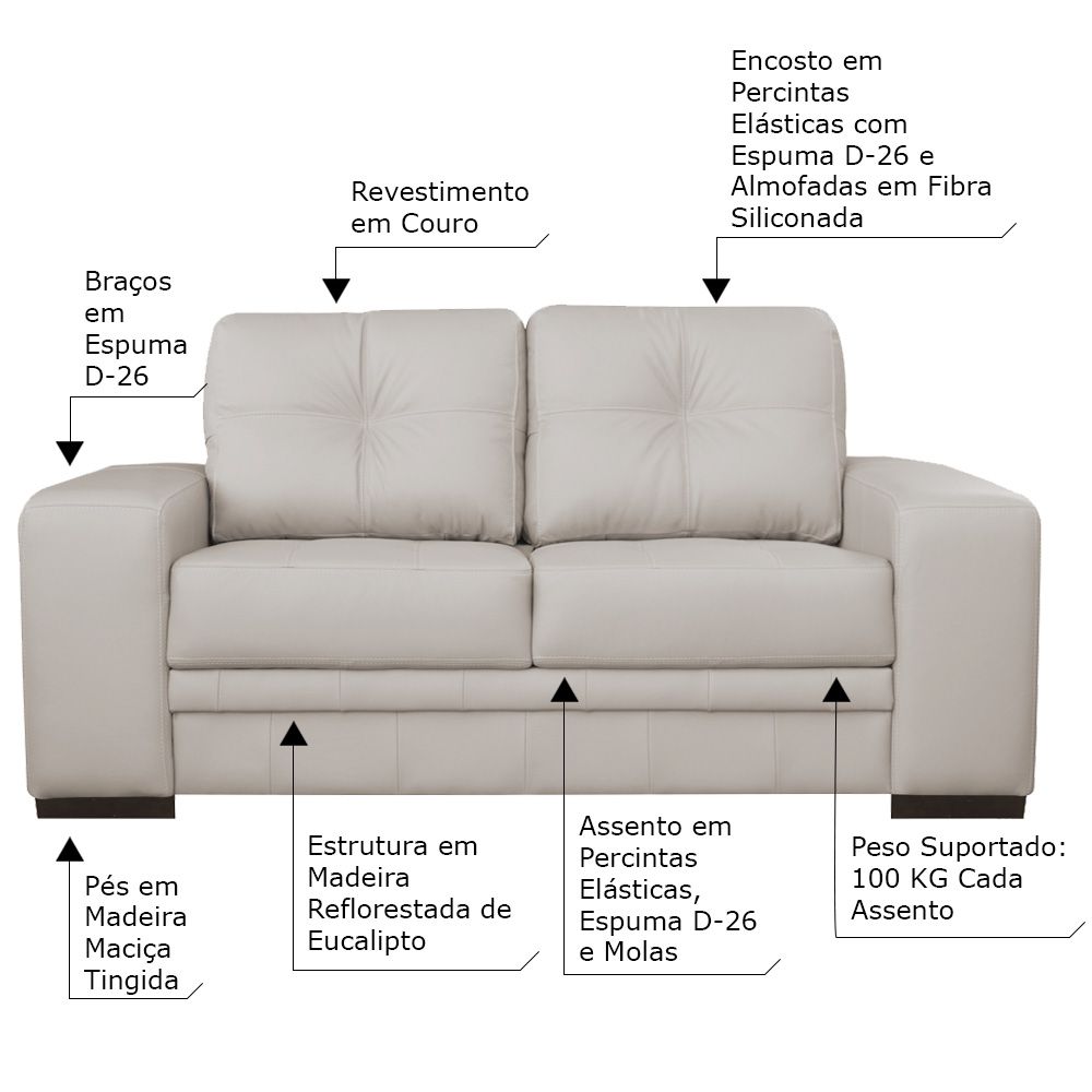 Sofá 2 Lugares Sala de Estar Milano 170cm Couro Off White G58 - Gran Belo