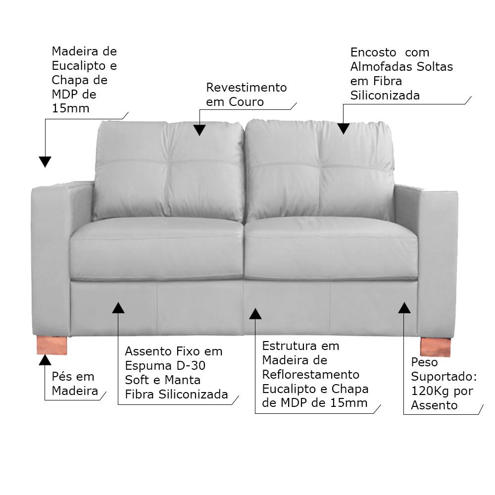 Sofá 2 Lugares Sala de Estar Pés Madeira kenny 160 cm Couro Cinza G43 - Gran Belo