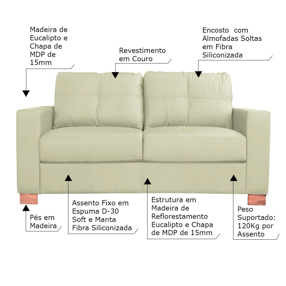 Sofá 2 Lugares Sala de Estar Pés Madeira kenny 160 cm Couro Off White G43 - Gran Belo