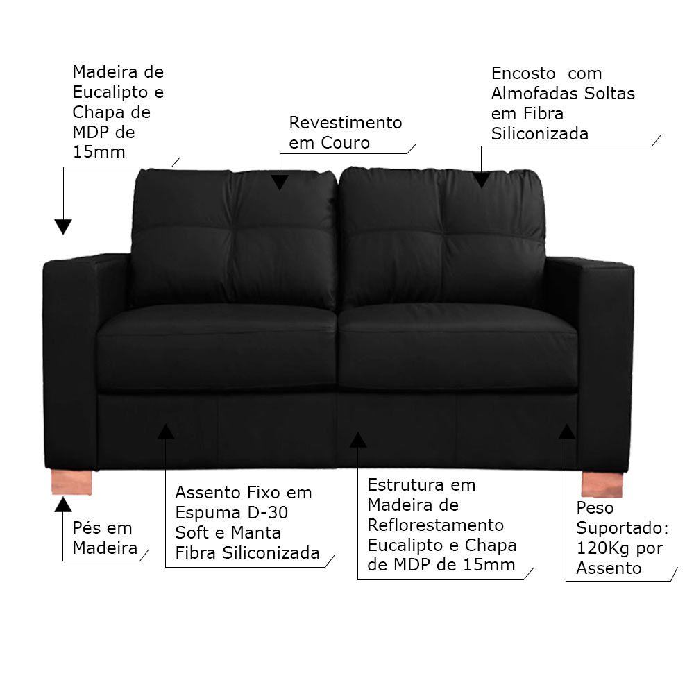 Sofá 2 Lugares Sala de Estar Pés Madeira kenny 160 cm Couro Preto G43 - Gran Belo