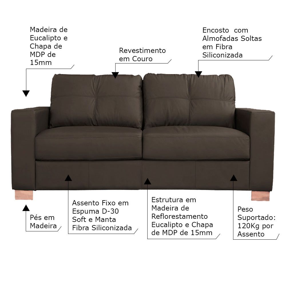 Sofá 2 Lugares Sala de Estar Pés Madeira kenny 160 cm Couro Tabaco G43 - Gran Belo