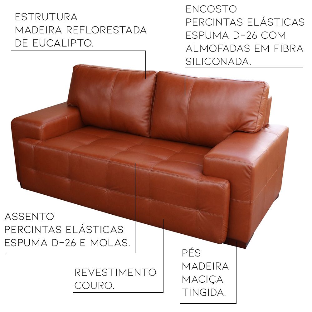 Sofá 2 Lugares Sala de Estar Roma 180 cm Couro Conhaque G58 - Gran Belo