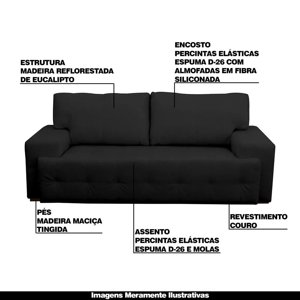 Sofá 2 Lugares Sala de Estar Roma 180 cm Couro Preto G58 - Gran Belo