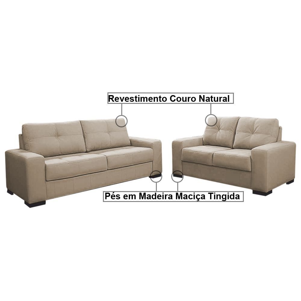 Sofá 2 e 3 Lugares Turim Couro Bege 66 G58 - Gran Belo