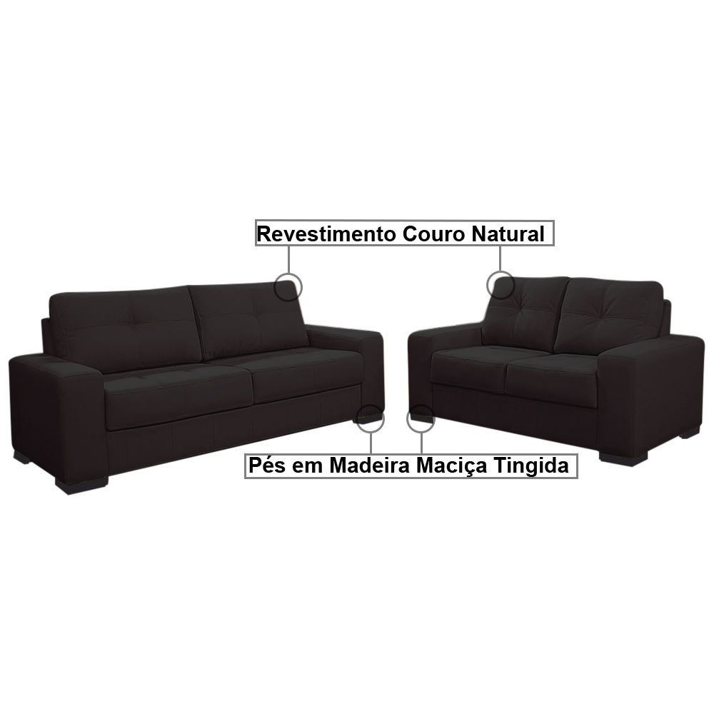 Sofá 2 e 3 Lugares Turim Couro Marrom Fosco G58 - Gran Belo