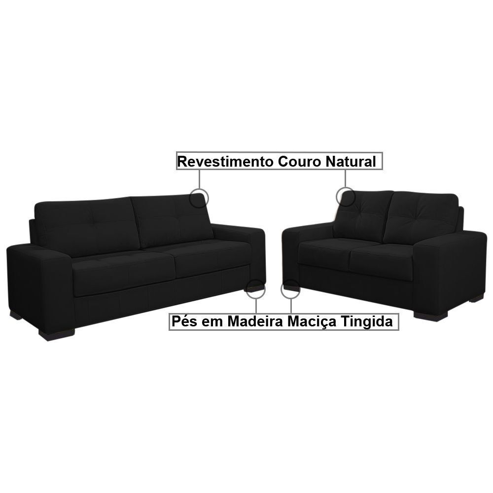 Sofá 2 e 3 Lugares Turim Couro Preto Fosco G58 - Gran Belo