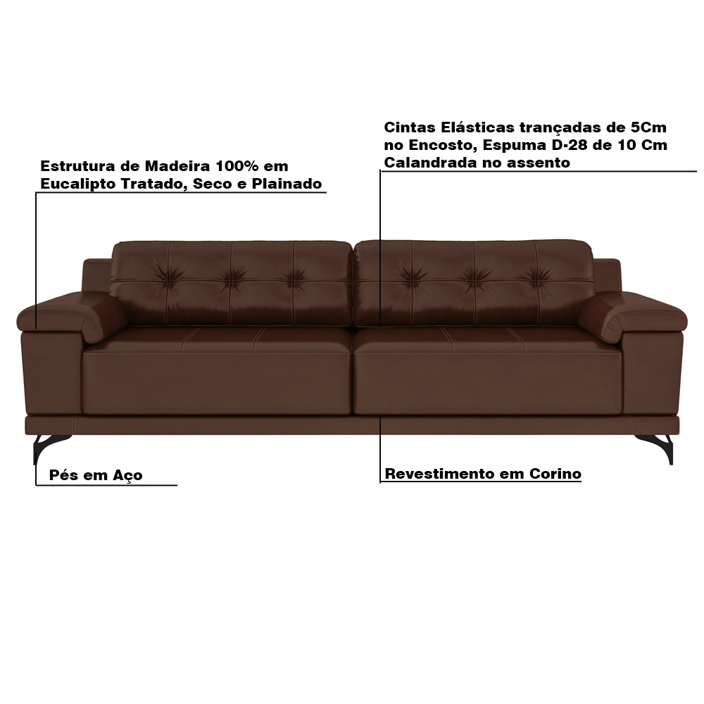 Sofá 212cm Decorativo Sala de Estar Agostino Couro Sintético Marrom G52 - Gran Belo