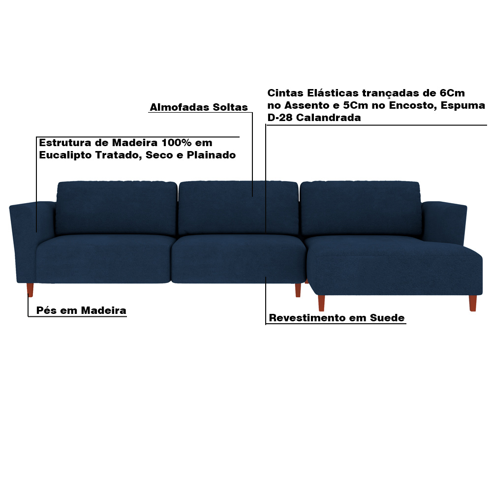 Sofá 290cm com Chaise Direita Franz Suede Azul - Gran Belo