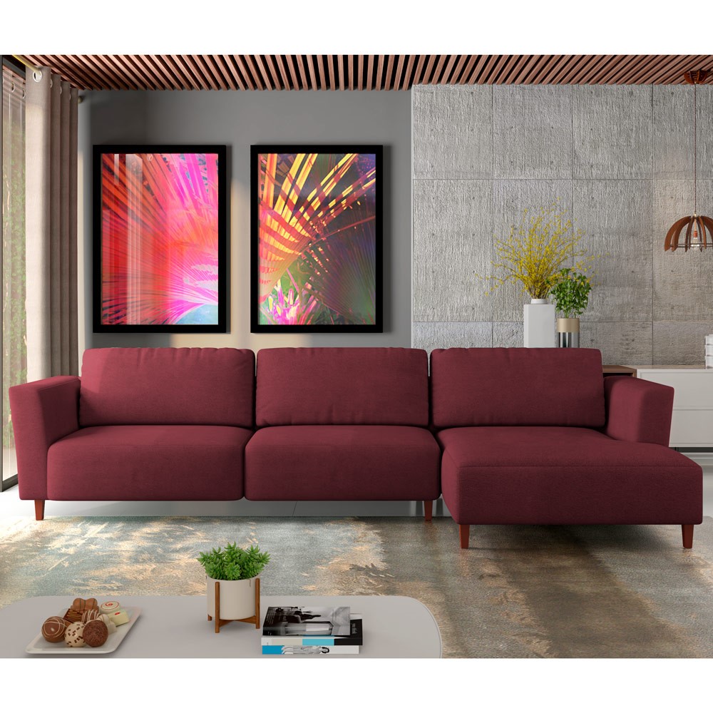 Sofá 290cm com Chaise Direita Franz Suede Bordô - Gran Belo