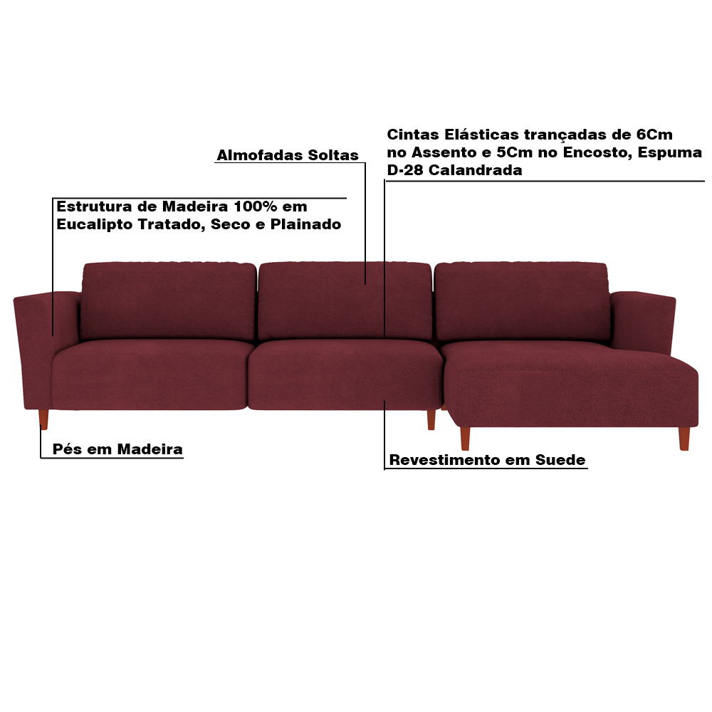 Sofá 290cm com Chaise Direita Franz Suede Bordô - Gran Belo