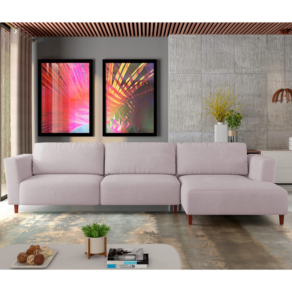 Sofá 290cm com Chaise Direita Franz Suede Rosê - Gran Belo