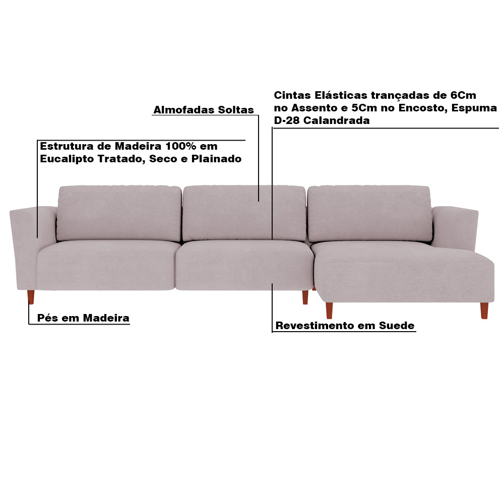 Sofá 290cm com Chaise Direita Franz Suede Rosê - Gran Belo