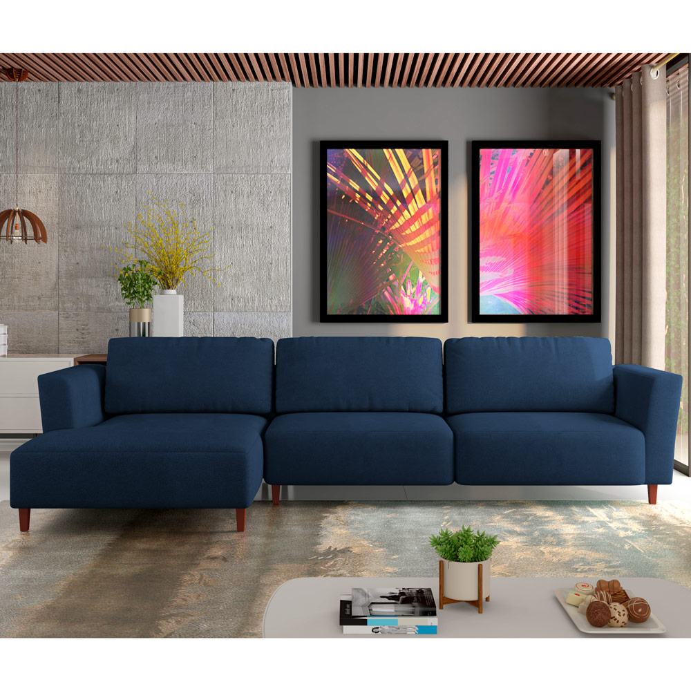 Sofá 290cm com Chaise Esquerda Franz Suede Azul - Gran Belo