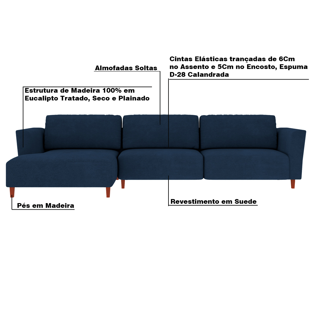 Sofá 290cm com Chaise Esquerda Franz Suede Azul - Gran Belo
