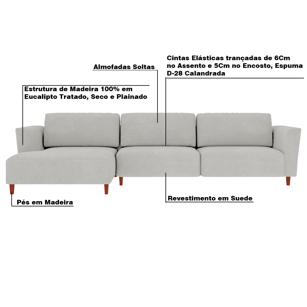 Sofá 290cm com Chaise Esquerda Franz Suede Cinza - Gran Belo