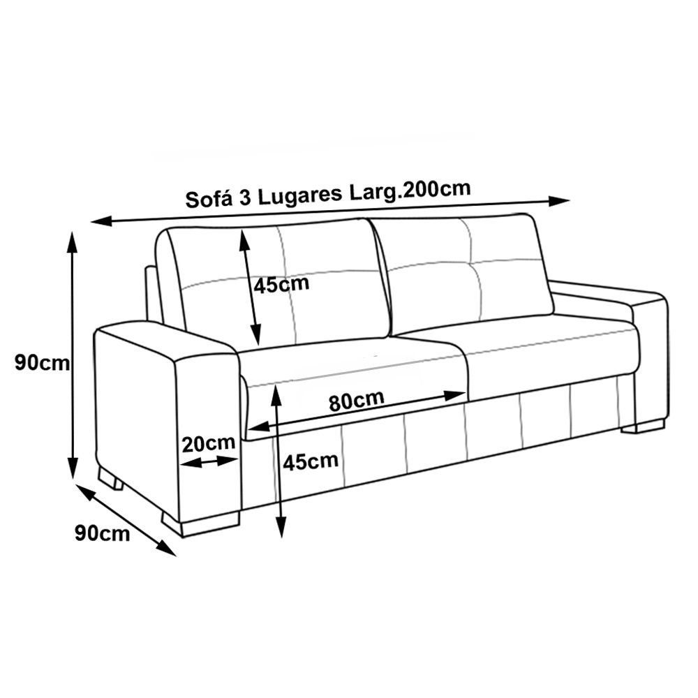 Sofá 3 Lugares 200cm Turim Couro Fendi G58 - Gran Belo
