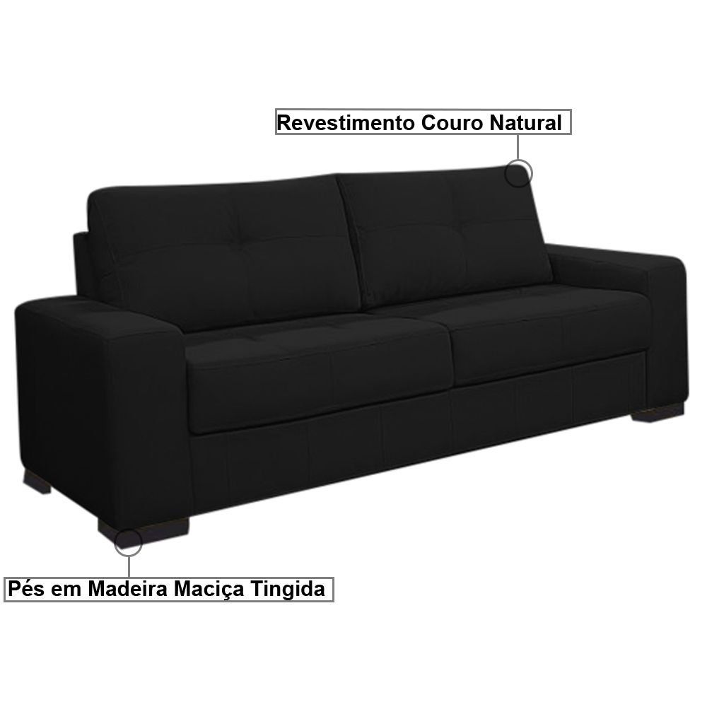 Sofá 3 Lugares 200cm Turim Couro Preto Fosco G58 - Gran Belo