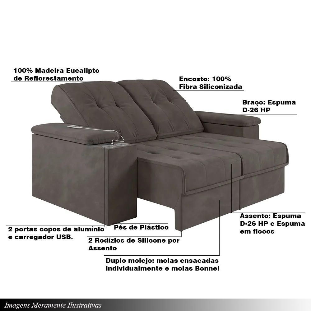 Sofá 3 Lugares 207cm Retrátil e Reclinável com 2 Porta Copos USB Calvin Veludo Tabaco G46 - Gran Belo