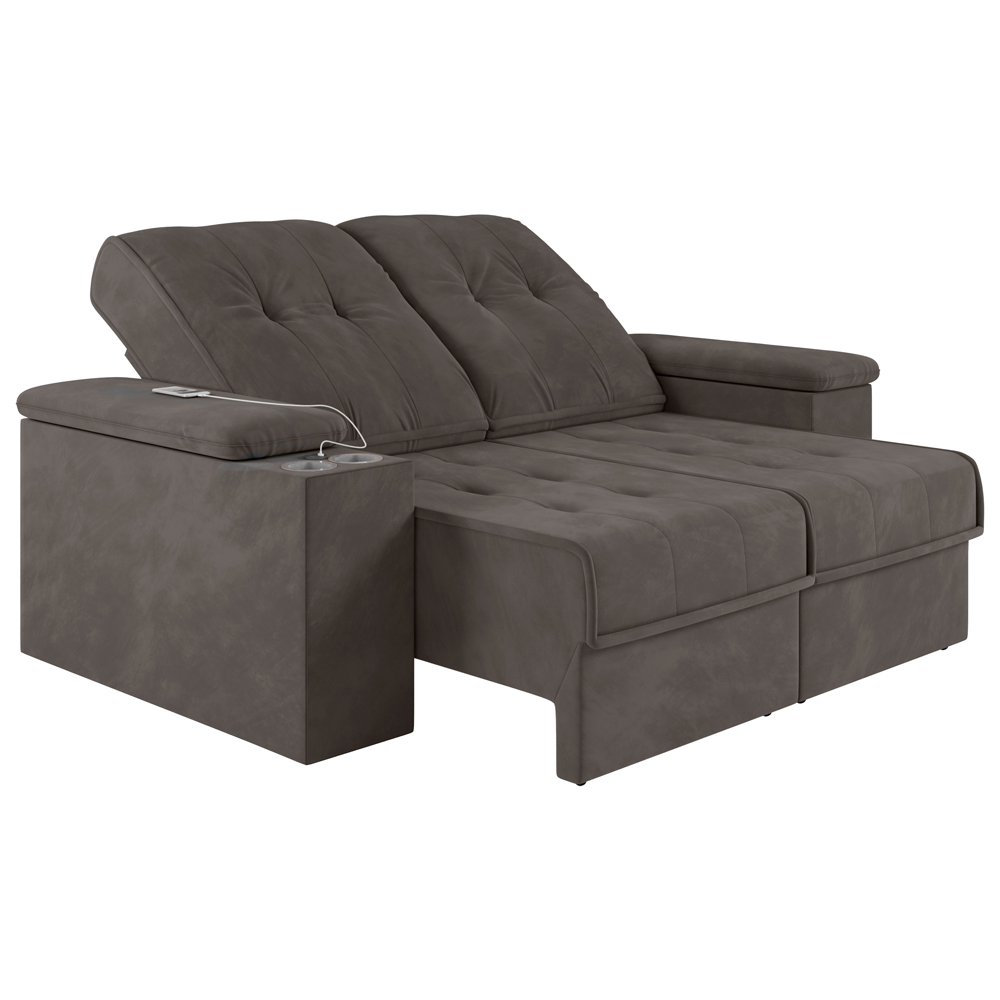 Sofá 3 Lugares 207cm Retrátil e Reclinável com 2 Porta Copos USB Calvin Veludo Tabaco G46 - Gran Belo