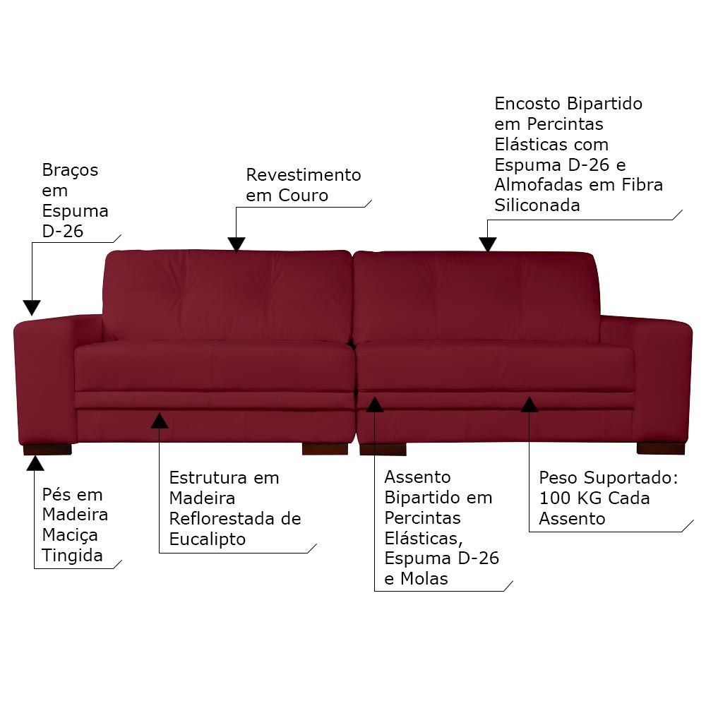 Sofá 3 Lugares Bipartido Sala de Estar Milano 240cm Couro Vermelho G58 - Gran Belo