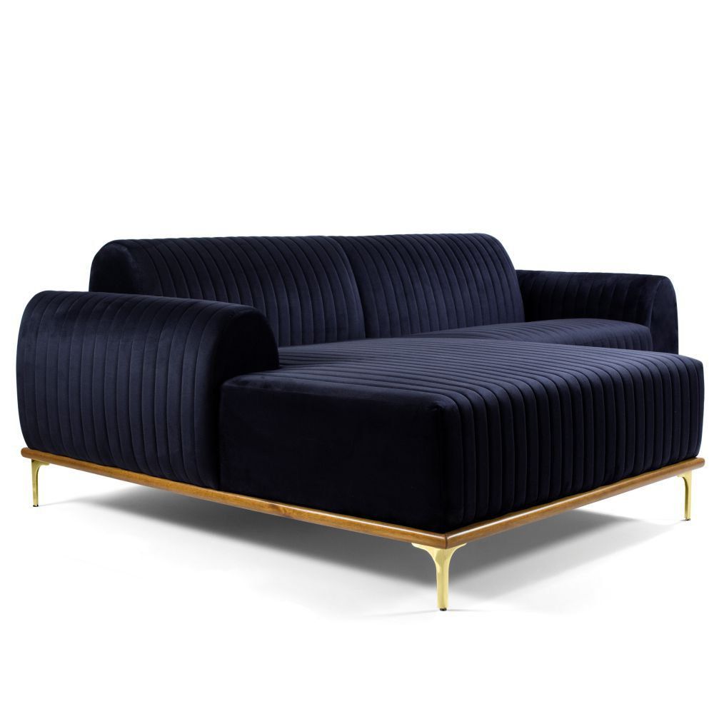Sofá 3 Lugares Bipartido com Chaise Lado Direito Base de Madeira Euro 230 cm Veludo Azul G15 - Gran Belo