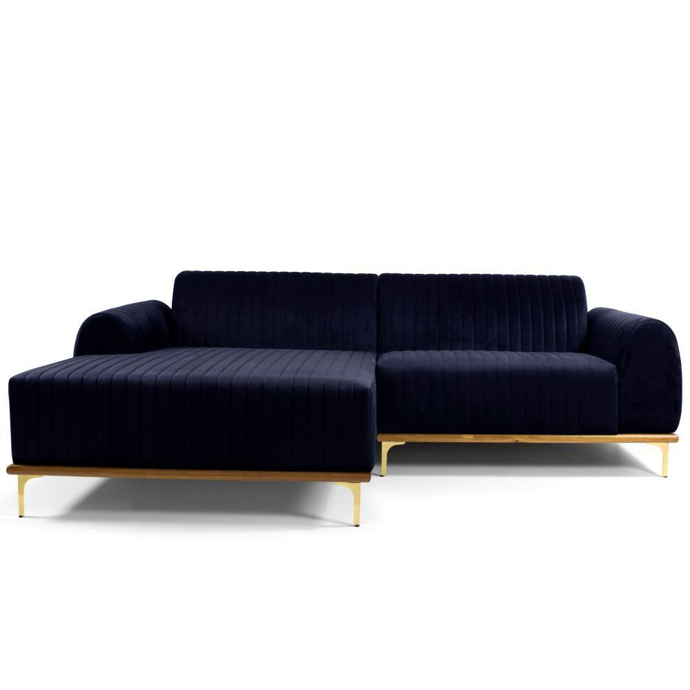 Sofá 3 Lugares Bipartido com Chaise Lado Direito Base de Madeira Euro 230 cm Veludo Azul G15 - Gran Belo