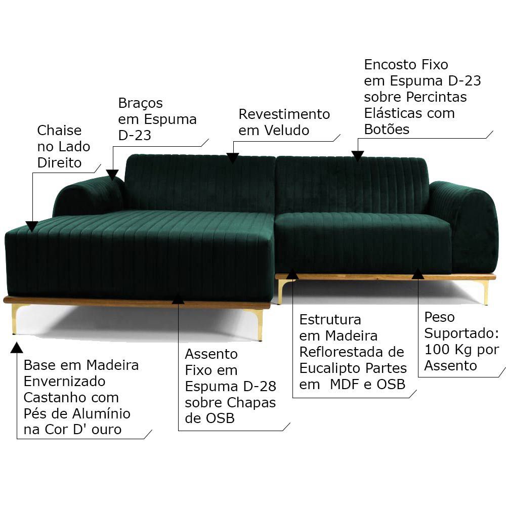 Sofá 3 Lugares Bipartido com Chaise Lado Direito Base de Madeira Euro 245 cm Veludo Verde G15 - Gran Belo