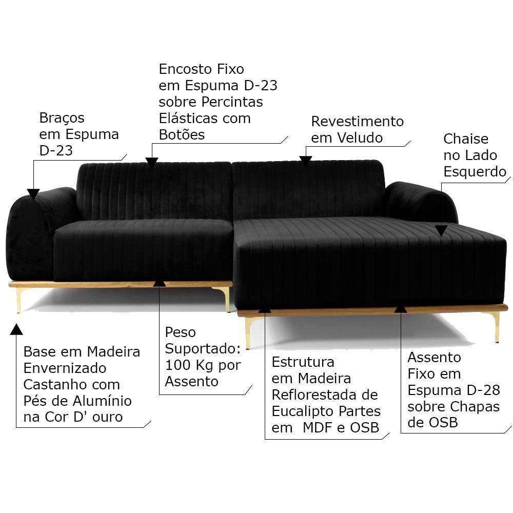Sofá 3 Lugares Bipartido com Chaise Lado Esquerdo Base de Madeira Euro 230 cm Veludo Preto G15 - Gran Belo