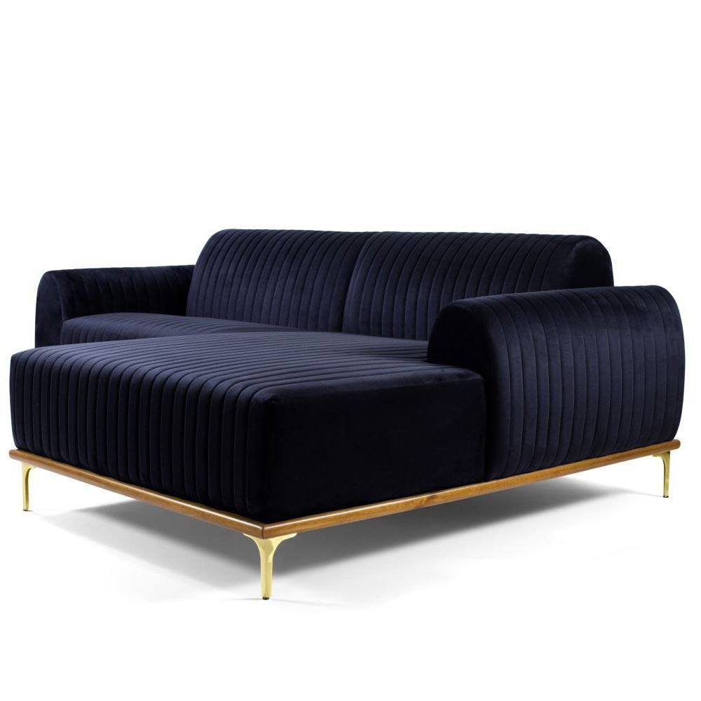 Sofá 3 Lugares Bipartido com Chaise Lado Esquerdo Base de Madeira Euro 245 cm Veludo Azul G15 - Gran Belo