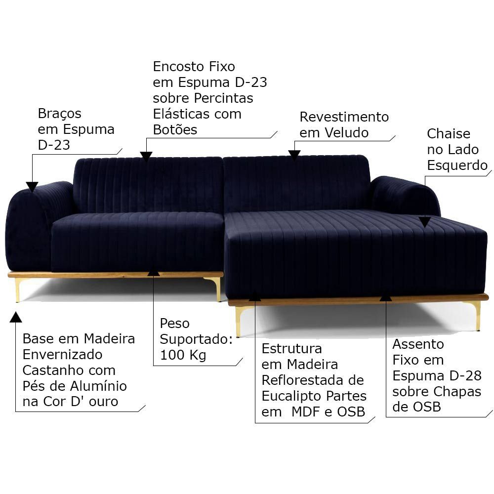Sofá 3 Lugares Bipartido com Chaise Lado Esquerdo Base de Madeira Euro 245 cm Veludo Azul G15 - Gran Belo