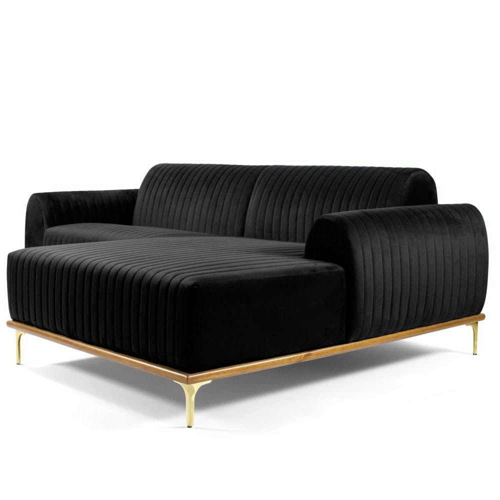 Sofá 3 Lugares Bipartido com Chaise Lado Esquerdo Base de Madeira Euro 245 cm Veludo Preto G15 - Gran Belo
