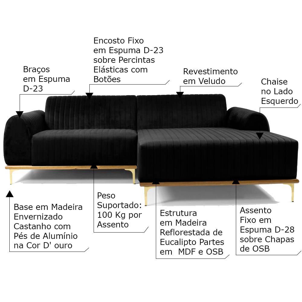 Sofá 3 Lugares Bipartido com Chaise Lado Esquerdo Base de Madeira Euro 245 cm Veludo Preto G15 - Gran Belo