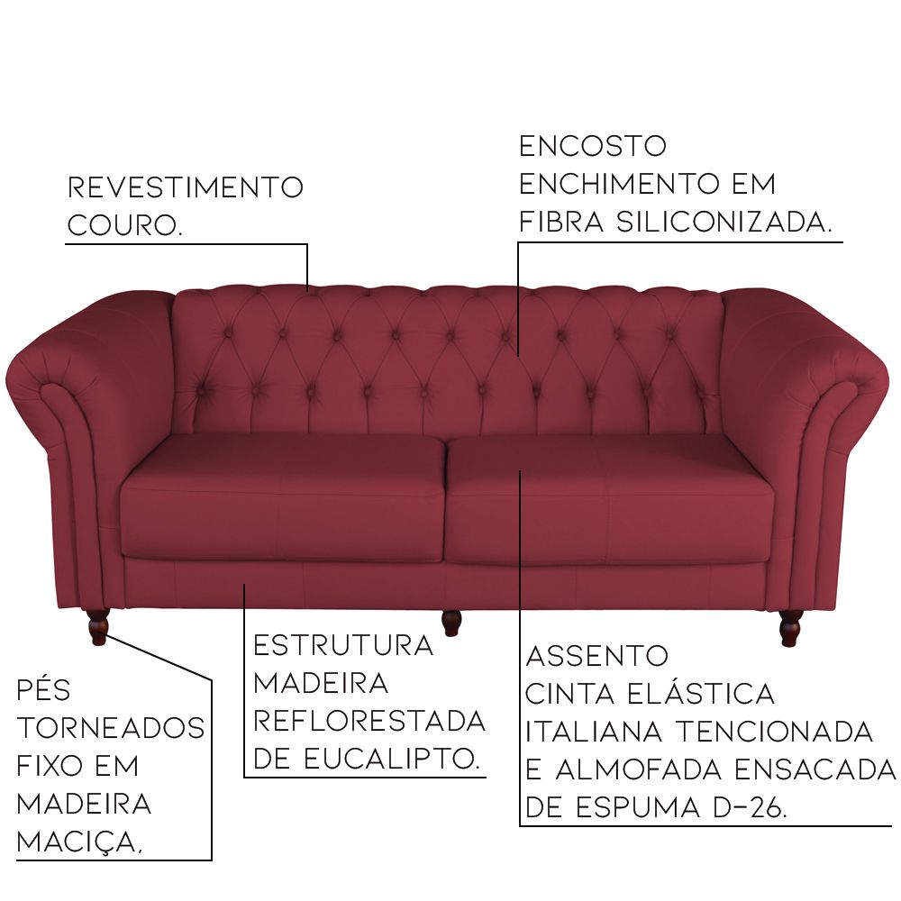 Sofá 3 Lugares Maggiore 200cm Couro Vermelho G58 - Gran Belo