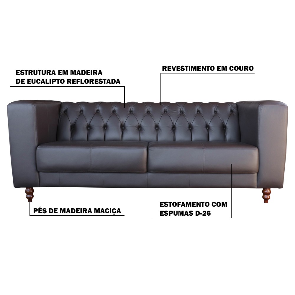 Sofá 3 Lugares Ravena 200cm Couro Marrom G58 - Gran Belo