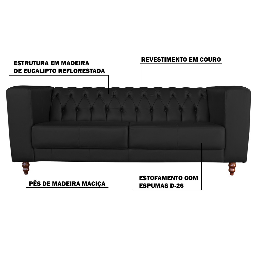 Sofá 3 Lugares Ravena 200cm Couro Preto G58 - Gran Belo