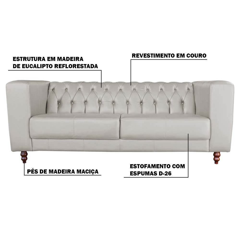 Sofá 3 Lugares Ravena 200cm Couro Tiza G58 - Gran Belo