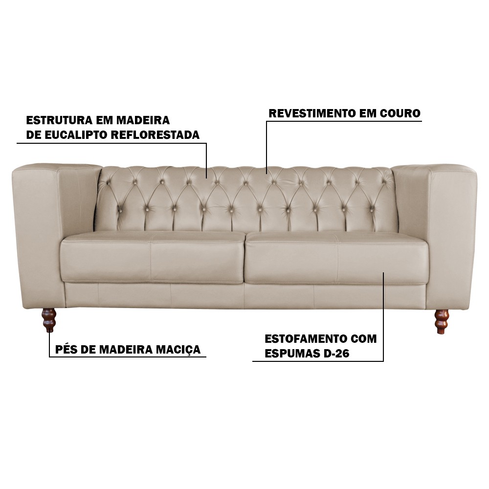Sofá 3 Lugares Ravena 220cm Couro Bege G58 - Gran Belo