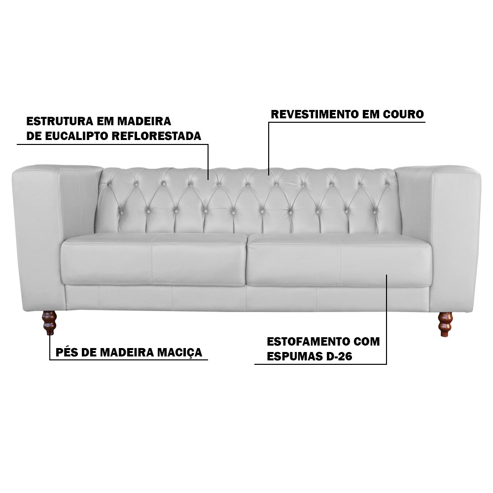 Sofá 3 Lugares Ravena 220cm Couro Branco G58 - Gran Belo