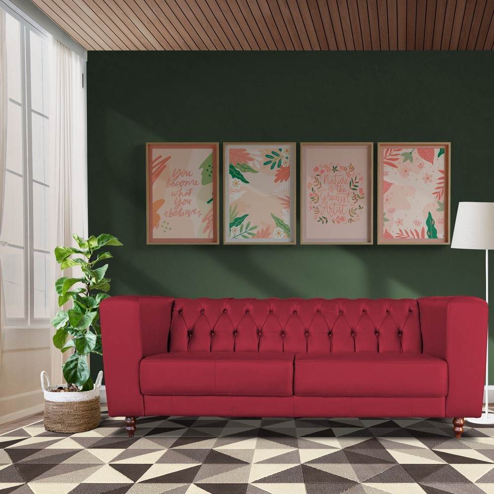 Sofá 3 Lugares Ravena 220cm Couro Vermelho G58 - Gran Belo