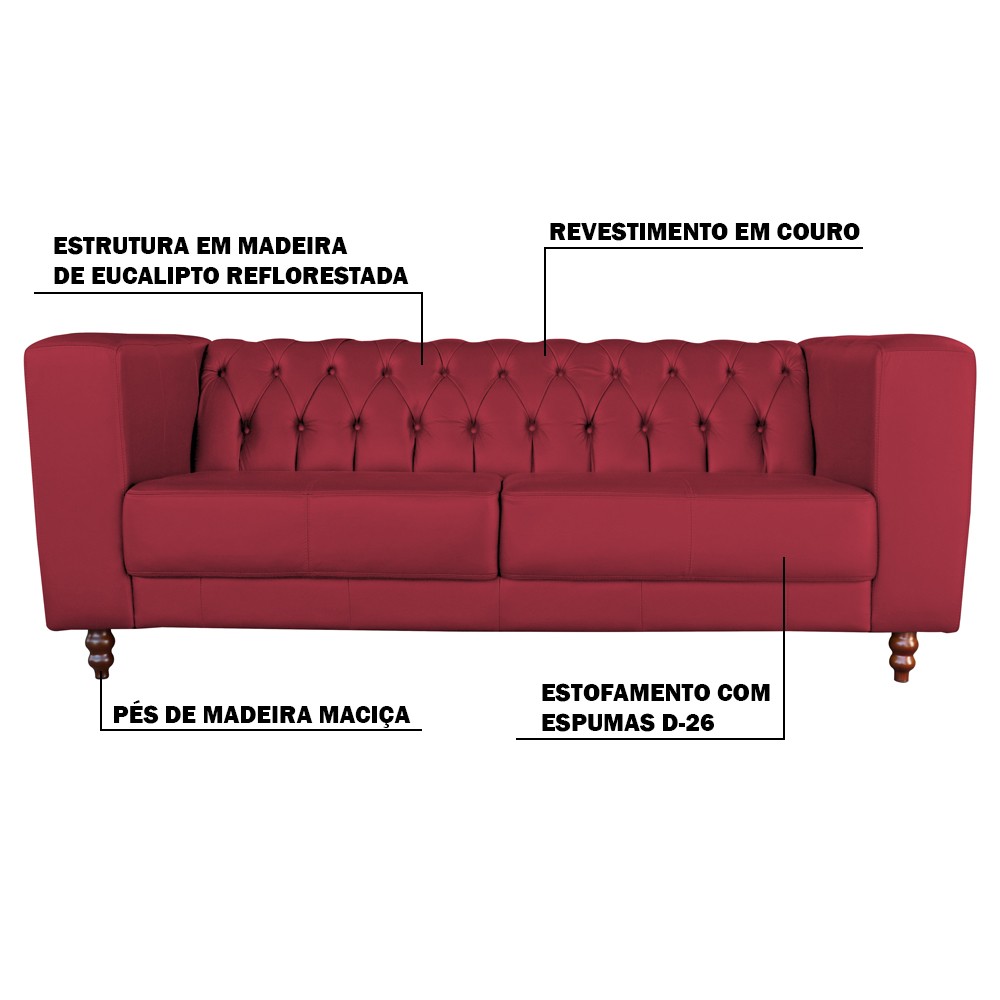 Sofá 3 Lugares Ravena 220cm Couro Vermelho G58 - Gran Belo