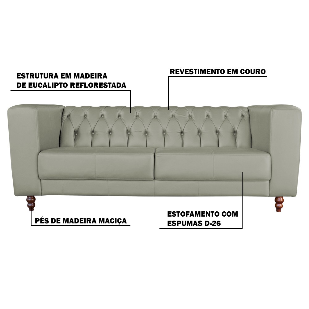 Sofá 3 Lugares Ravena 240cm Couro Verde G58 - Gran Belo
