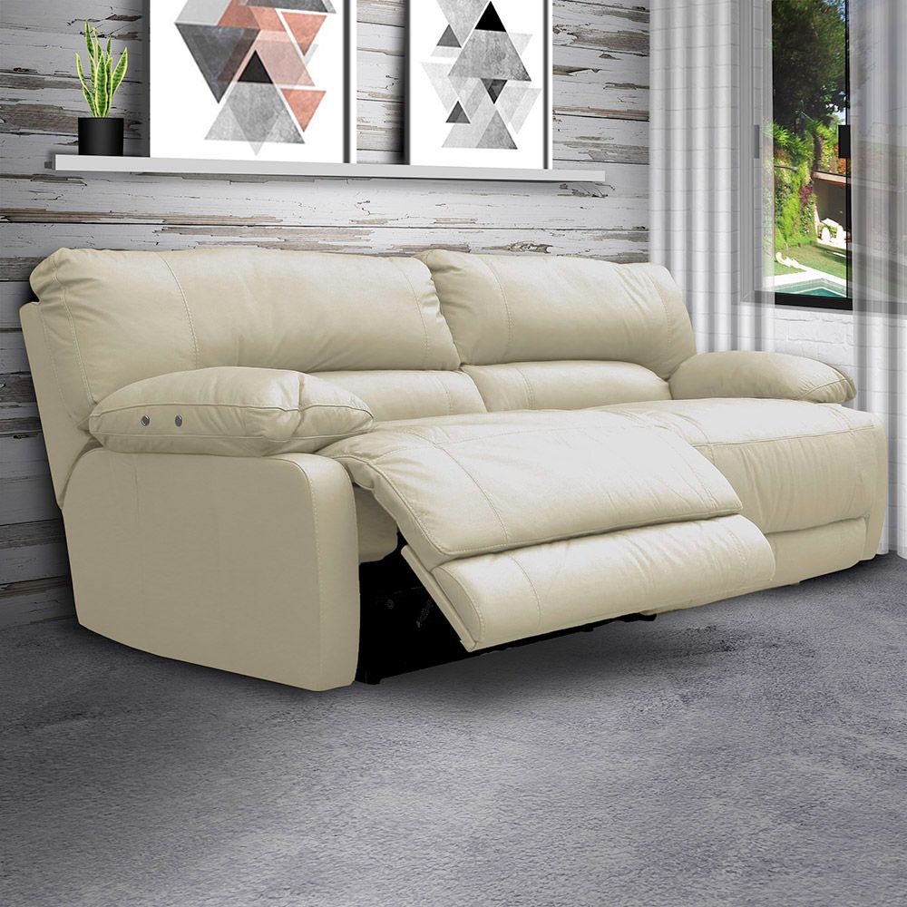 Sofá 3 Lugares Reclinável Elétrico Asmará 228cm Couro Off White G43 - Gran Belo