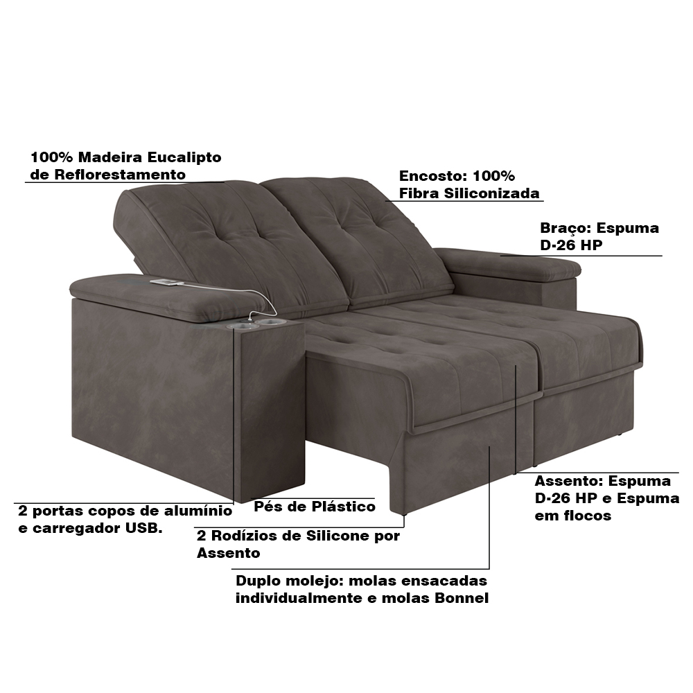 Sofá 3 Lugares Retrátil e Reclinável com USB Sala de Estar Calvin 207cm Veludo Tabaco G46 - Gran Belo
