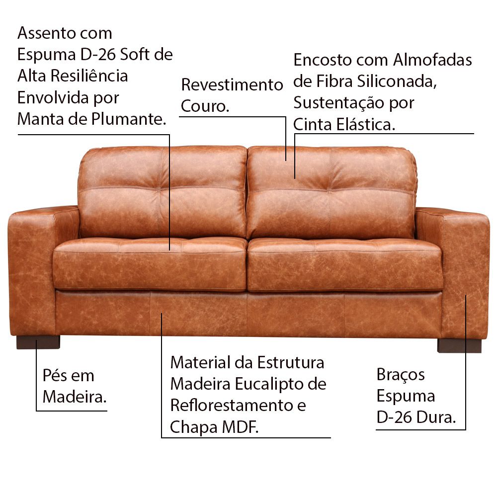 Sofá 3 Lugares Sala de Estar 200 cm Milão Couro Marrom Envelhecido G03 - Gran Belo