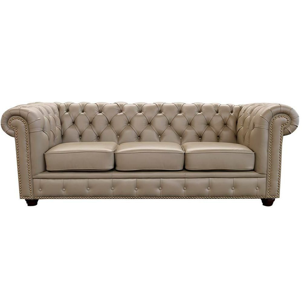 Sofá 3 Lugares Sala de Estar 235cm Chesterfield Pés Madeira Couro Avelã G40 - Gran Belo