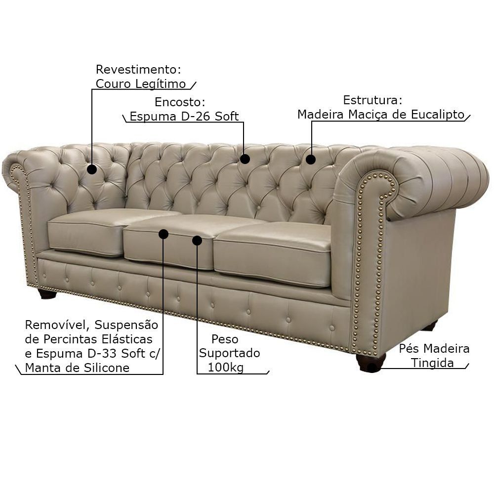 Sofá 3 Lugares Sala de Estar 235cm Chesterfield Pés Madeira Couro Avelã G40 - Gran Belo