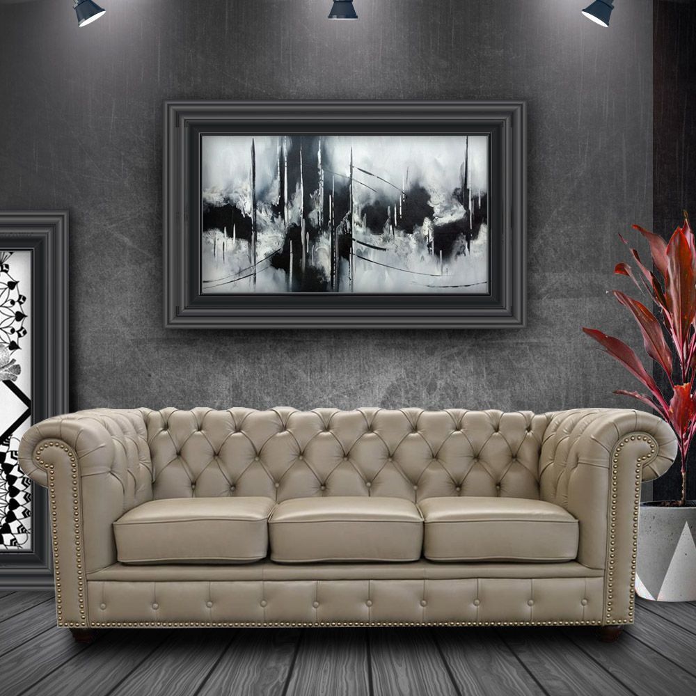 Sofá 3 Lugares Sala de Estar 235cm Chesterfield Pés Madeira Couro Avelã G40 - Gran Belo