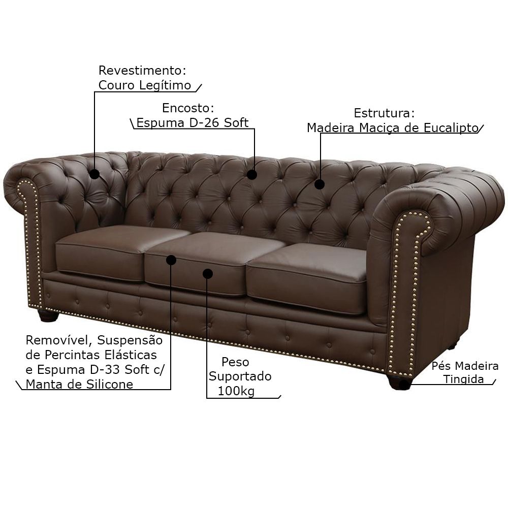 Sofá 3 Lugares Sala de Estar 235cm Chesterfield Pés Madeira Couro Capucino - Gran Belo 