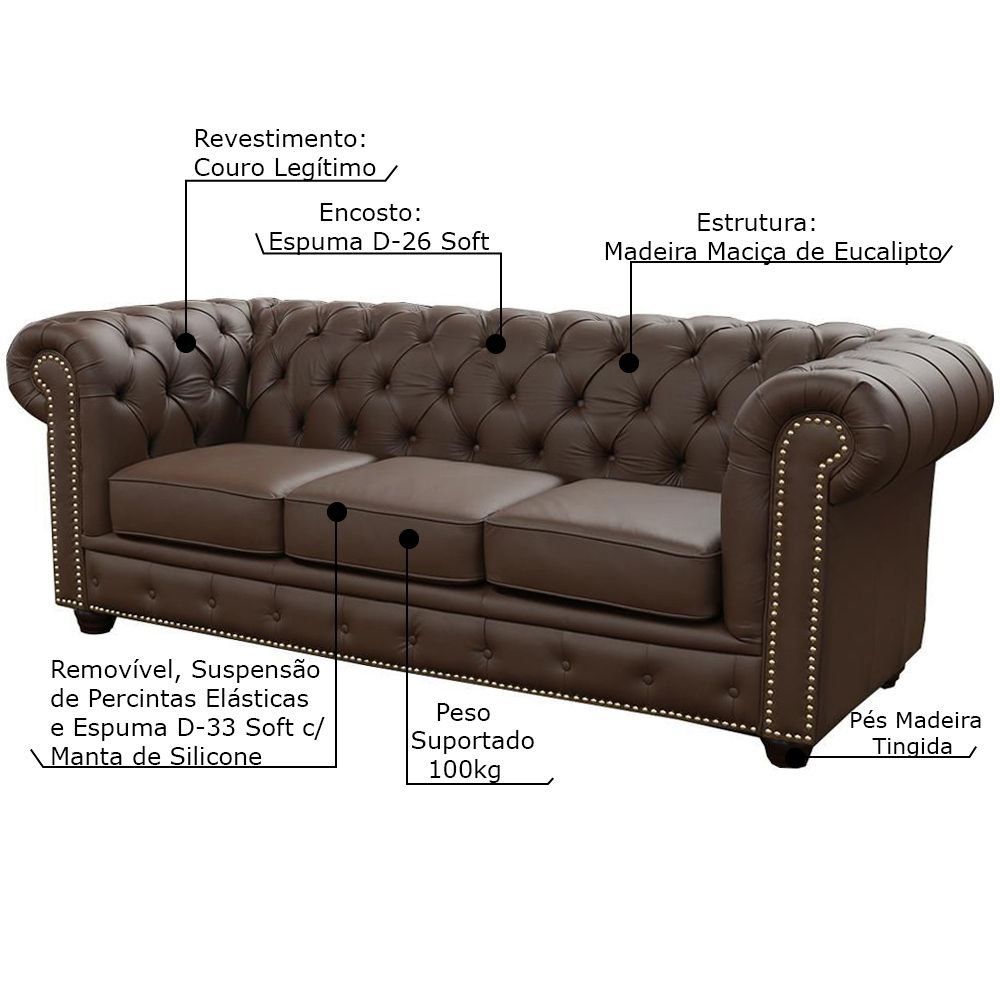 Sofá 3 Lugares Sala de Estar 235cm Chesterfield Pés Madeira Couro Capucino G40 - Gran Belo
