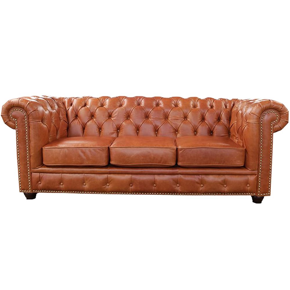 Sofá 3 Lugares Sala de Estar 235cm Chesterfield Pés Madeira Couro Conhaque - Gran Belo 